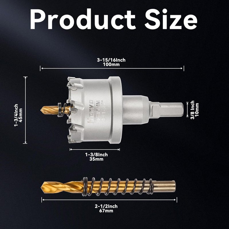 Henvo Hole Saw 1-3/4" (45mm) Heavy Duty Carbide with 2 Pilot Drill Bits - Metal Hole Cutter Cuts Stainless Steel, Iron, Copper, Brass, Plastic - Image 2